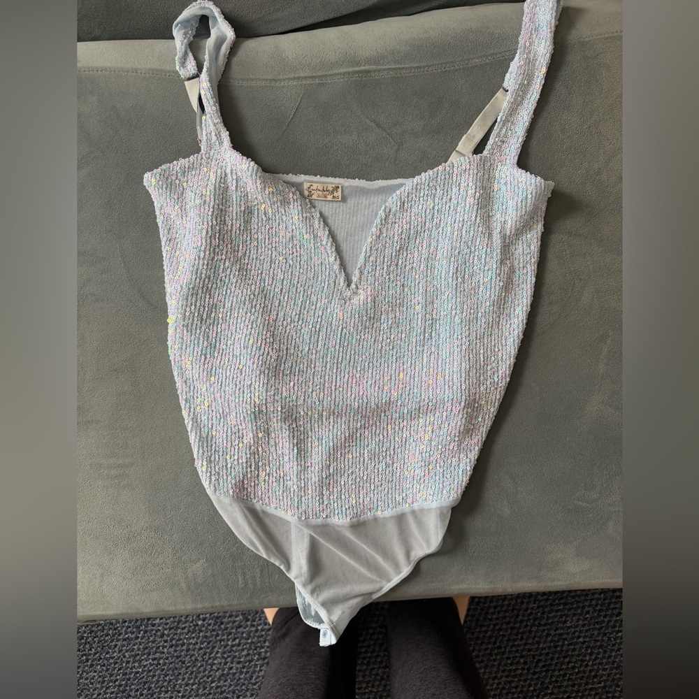 Free People Iridescent Blue Sequin bodysuit